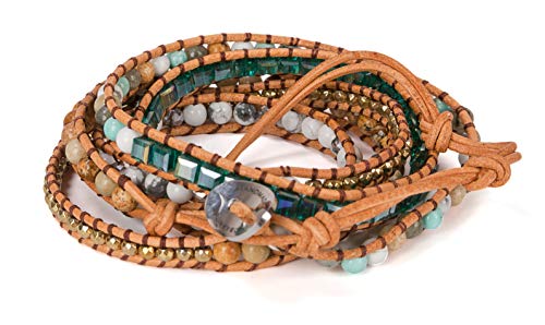 New! Dazzling Handmade Leather Wrap Bracelet Collection - style: 5 Wrap Teal Camel