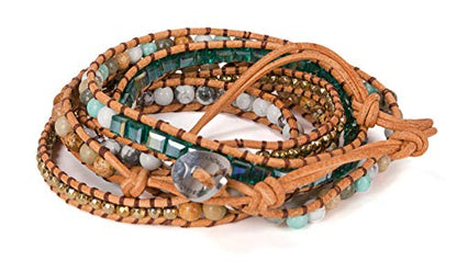 New! Dazzling Handmade Leather Wrap Bracelet Collection - style: 5 Wrap Teal Camel