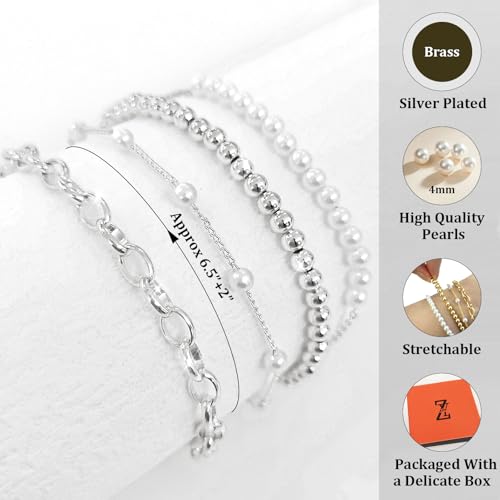 Zeffy Gold Pearl Beaded Bracelet for Women, 14K Gold Plated Jewelry Set With Paperclip Link Chain, Trendy Stack Bracelets - style: 4PCS Silver Pearl Beaded Stackable Bracelets