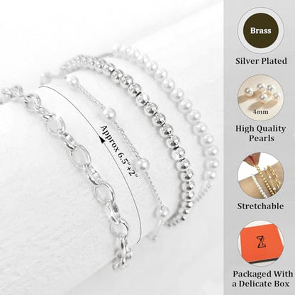 Zeffy Gold Pearl Beaded Bracelet for Women, 14K Gold Plated Jewelry Set With Paperclip Link Chain, Trendy Stack Bracelets - style: 4PCS Silver Pearl Beaded Stackable Bracelets