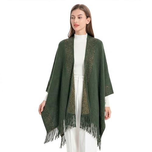 ZLYC Women's Shawl Golden Trim Knit Blanket Wrap Fringe Poncho Coat Cardigan - color: Green