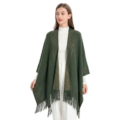 ZLYC Women's Shawl Golden Trim Knit Blanket Wrap Fringe Poncho Coat Cardigan - color: Green