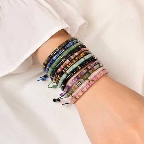 Mixed Gemstone Adjustable Braided Beaded Bracelet for Women, 2x4mm Heishi Disc Natural Healing Stone Summer Beach Jewelry, Yoga Gift for Her - color: Rose Quartz