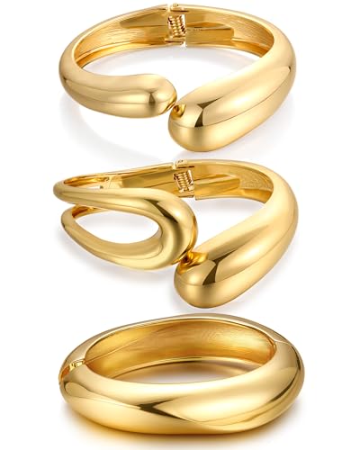 Chunky Gold Bangle Bracelets for Women, Dainty 14k Gold Plated Big Stackable Bangles Set, Trendy Statement Cuff Bracelet Stack Fashion Jewelry Gifts - style: A9-gold