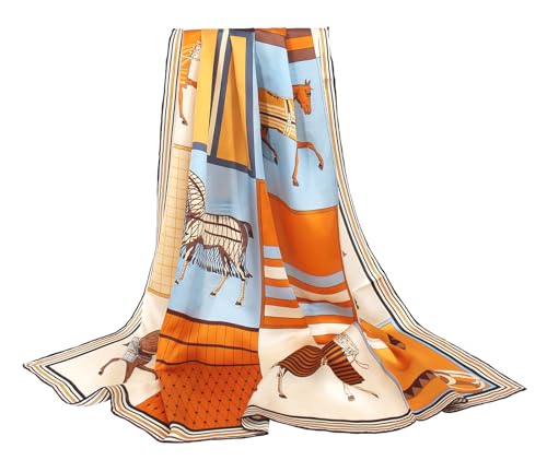 ANDANTINO 100% Silk Scarf 43" Large Square Lightweight Headscarf& Shawl–Women Hair Wraps-With Gift Packed - color: Brown&blue -Horse