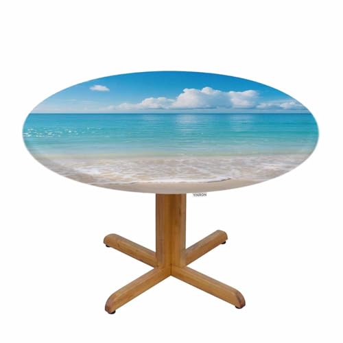 Seascape Round Table Cloth Ocean Wave Beach Clouds Coast Sky Sea Nature Sunny Scenic Elastic Edged Table Cover Fade and Stain Resistant Table Cloths Easy to Clean Fits Tables 40-44" Diameter - color: Seascape