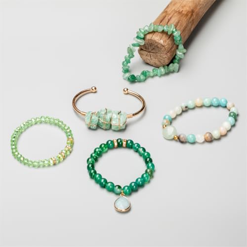 5PCS Natural Boho Beaded Bracelets Bangle for Women Men,Healing Turquoise Jasper Agate Crystal Gemstone Stone Chakra Multilayer Wrap Bohemian Handmade Jewelry Beads Stretch Bracelet Set - color: Green