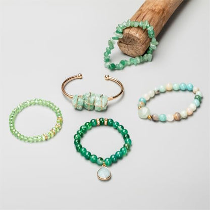 5PCS Natural Boho Beaded Bracelets Bangle for Women Men,Healing Turquoise Jasper Agate Crystal Gemstone Stone Chakra Multilayer Wrap Bohemian Handmade Jewelry Beads Stretch Bracelet Set - color: Green