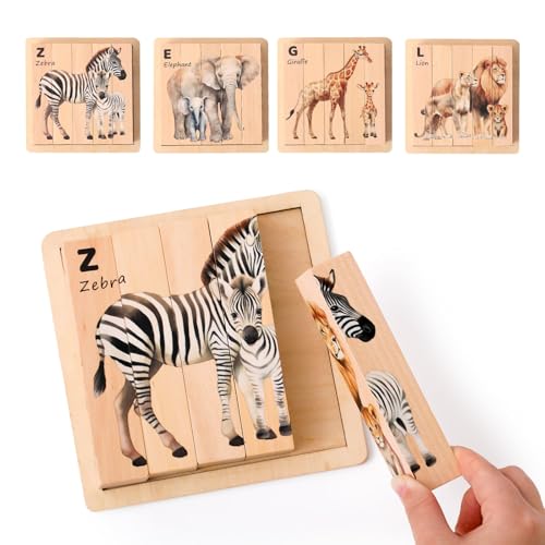 IEATFO 4 in 1 Wooden Animal Chunky Puzzle, 5 Solid Wood Puzzle Blocks with 4 Sides Realistic Safari Animals, Wooden Block Puzzle with Durable Base for Toddlers 3+ Years - Montessori Inspired - style: 4 in 1 (Safari)