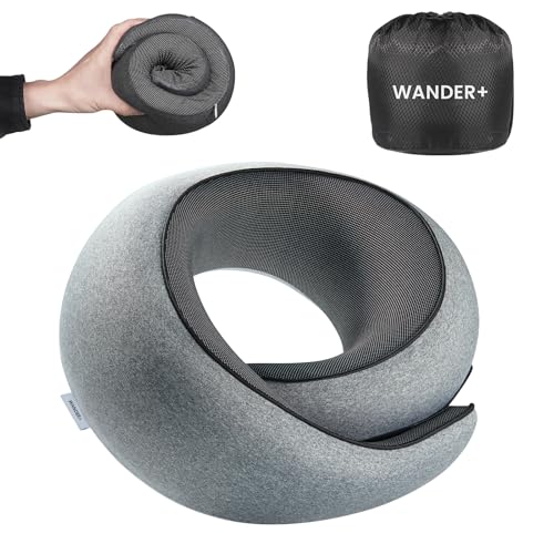WANDER PLUS® Travel Neck Pillow, Pure Memory Foam Neck Pillow for Airplanes, Comfortable Breathable Cover, 360 Degree Support Ergonomic Design Best for Sleeping Plane Train Travel Essentials Max Grey - color: Grey
