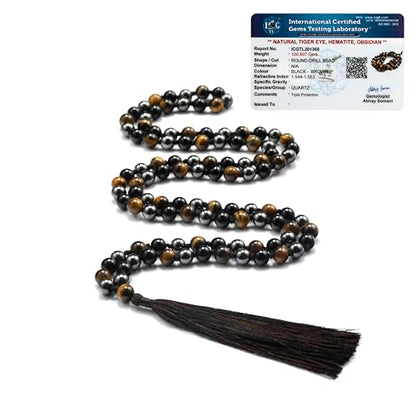 8mm Triple Protection Mala – Black Obsidian, Tiger Eye & Hematite 108 Bead Meditation & Prayer Necklace with Lab Certified Authenticity