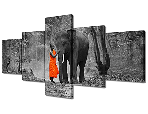 Black and White Wall Art Buddha Wall Decoration Zen Canvas Wall Painting Thai Elephant Monk Water Shore Photo Peaceful Good Luck Elephant Artwork for Home Walls Framed Ready to Hang (50''Wx 24''H) - color: Artwork-01, size: 50''Wx24''H
