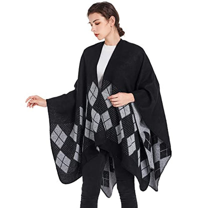 Shawl Wraps for Women, Elegant Knitted Cape Open Front Poncho Scarf Blanket Cardigan Coat for Spring, Autumn, and Winter - color: Black White