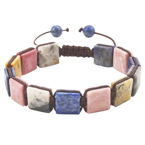 Square Natural Stone Unisex Adjustable Bracelet - Handmade with Natural Stons - Square Healing Crystal Bead Bracelet - color: Colorful