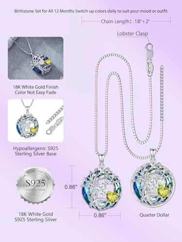 TOUPOP s925 Sterling Silver Family Celtic Tree of Life Pendant Necklaces with 2 Heart Birthstone with Blue Austrian Crystal Jewelry Birthday Valentines Day Gifts for Her, Anniversary Christmas Gifts for Wife Girlfriend Mom (18K Real White Gold Filled) - c