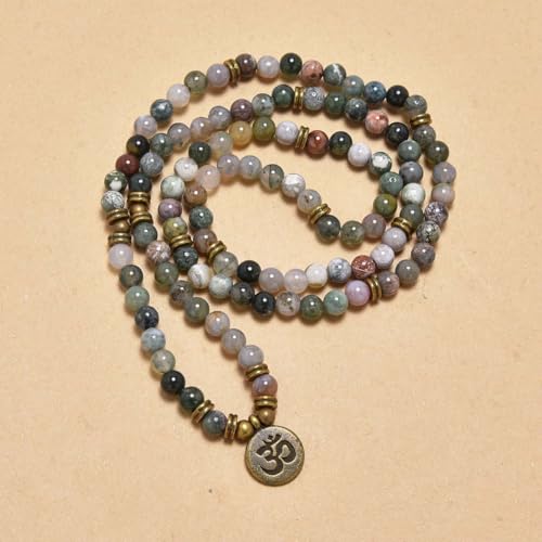 108 Mala Beads Bracelet with om Charm – Healing Stone Meditation Bracelet for Yoga & Prayer, 6mm Beads, Handmade, Gold-Plated OM Charm - style: Indian Agate