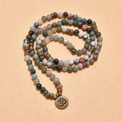108 Mala Beads Bracelet with om Charm – Healing Stone Meditation Bracelet for Yoga & Prayer, 6mm Beads, Handmade, Gold-Plated OM Charm - style: Indian Agate