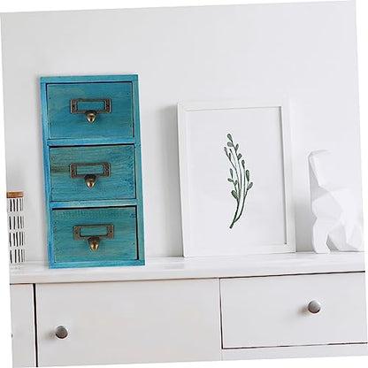 Antique Style Wood Storage Box Multi-functional Organizing Box for Home and Office Desktop Elegant Compartment Design for Cosmetics and Daily Essentials Blue