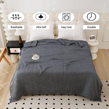 Boho Throw Blanket, 100% Cotton Ultra Soft Luxury Throw Rustic Quilt, Muslin Breathable Soft Bed Throw ，All Throw for Sofa Couch Chair 60×80 Inch (Grey Cotton Blanket 80x90 Inch, 80x90 Inch) - color: Grey, size: 80x90 Inch