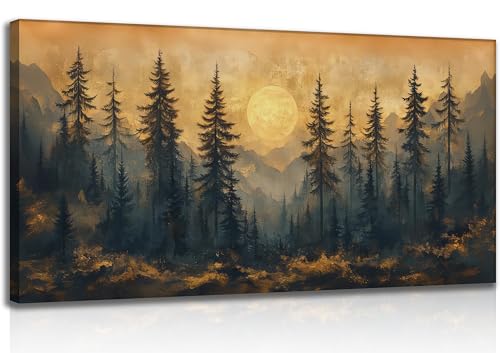 Large Mountain Forest Sunset Landscape Canvas Wall Art Abstract Boho Pine Trees Picture Wall Decor Vintage Nature Rustic Mountain Poster Sun and Moon Painting Print Artwork for Living Room Office - color: Boho Pine Trees, size: 40"L x 20"W