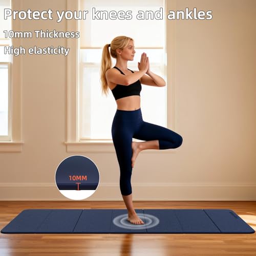 Foldable Yoga Mat Thick 10mm-WUWAN Extra Large Exercise Mat, TPE Material, Non-Slip Fitness Folding Mat Easy to Carry, Suitable for Home Workout Travel Pilates (75" x40",2/5") (Blue) - color: Dark Blue