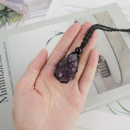 Natural unprocessed crystal raw stone hand woven rope adjustable necklace pendant for both men and women - color: Amethyst cluster