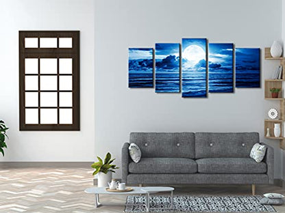 Pyradecor Blue Clouds Canvas Prints Wall Art Moon Sea Beach Pictures Paintings Ready to Hang for Living Room Bedroom Home Decor Modern 5 Piece Stretched Landscape Artwork - size: 10x16inchx2pcs,10x20inchx2pcs,10x24inchx1pc