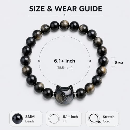 Beaded Bracelets for Women, Black Obsidian Money Attraction Bracelet, 8mm Healing Relax Anxiety Luck Crystal Bead Bracelets, Adjustable Jewelry Feng Shui Stretch Bracelet Cat Lover Gifts for Women Men