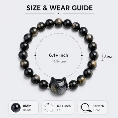 Beaded Bracelets for Women, Black Obsidian Money Attraction Bracelet, 8mm Healing Relax Anxiety Luck Crystal Bead Bracelets, Adjustable Jewelry Feng Shui Stretch Bracelet Cat Lover Gifts for Women Men