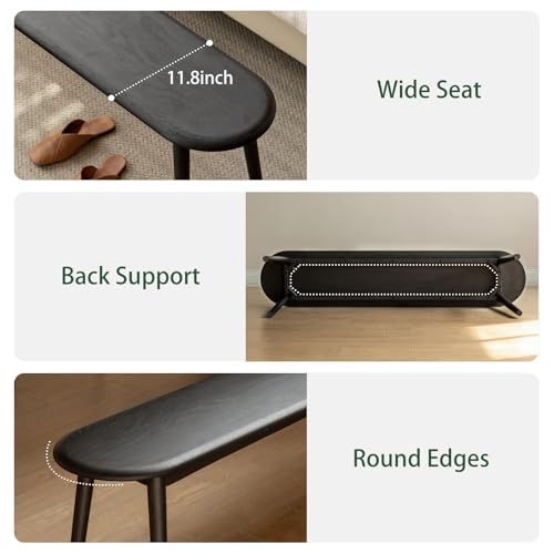 47'' 100% Solid Oak Wood Dining Bench,Rounded Corner Baguette Shape Chair Surface Design,Entryway Bedroom Bed End Bench (47.3inch, Black) - size: 47.3inch-Black-Round Corner Baguette Shape
