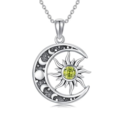Sun and Moon Necklace 925 Sterling Silver Sun Moon Pendant Gemstone Jewelry Gifts for Women - style: August