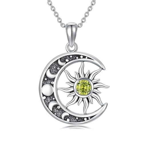 Sun and Moon Necklace 925 Sterling Silver Sun Moon Pendant Gemstone Jewelry Gifts for Women - style: August