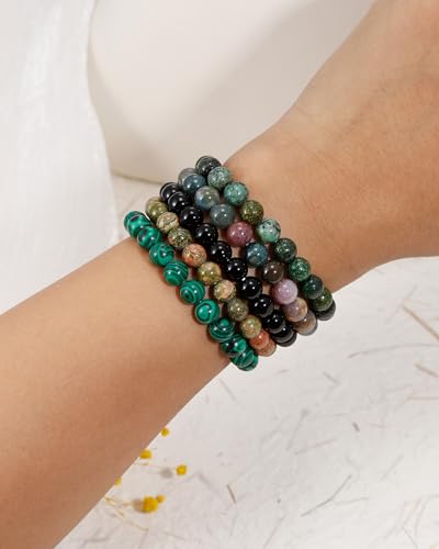 BOMAIL 5Pcs Healing Crystal Bracelets for Women 8mm Natural Stone Beaded Stretch Bracelet Set Handmade Semi-Precious Gemstone Bracelets - color: B