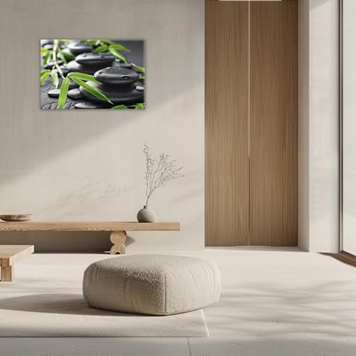 GLOKAKA Zen Black Stone Green Bamboo Wall Art Minimalist Asian-Inspired Painting Print Serene Nature Decor for Living Room Bedroom Office Meditation Space(Artwork-3,28"x42")