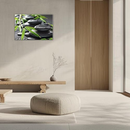 GLOKAKA Zen Black Stone Green Bamboo Wall Art Minimalist Asian-Inspired Painting Print Serene Nature Decor for Living Room Bedroom Office Meditation Space(Artwork-3,28"x42")