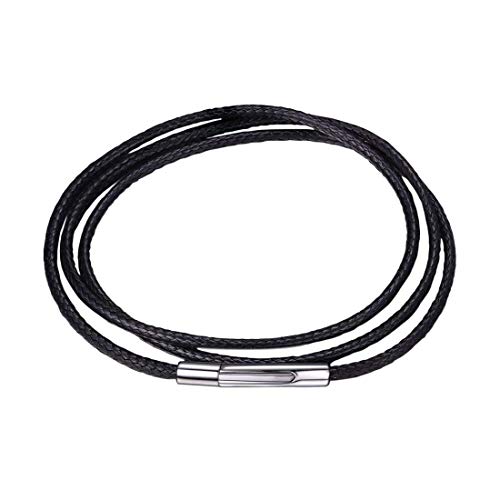 U7 Leather Necklace Cord with Customizable Stainless Steel/Black Clasp, Waterproof Black/Brown Woven Wax Rope Chain for Men Women 1.5/2/3mm, Length 16"-30" - color: a. 2MM Wide-Black, size: 18 Inch(46cm)