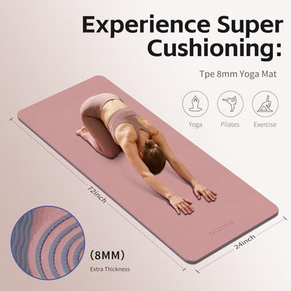 PAIDU Yoga Mat 8mm Super Thick TPE Fitness Mat | SGS Certified | Non-Slip, Odorless & Tear-Resistant | Unisex with Strap | for Yoga, Pilates, Meditation & Home Workouts - color: Deep Pink&Grey