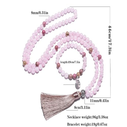 108 Mala Prayer Beads Necklace 8mm Natural Stones Meditation Yoga Jewelry Sets 108 Hand Made Japa Mala Beaded Long Tassel Necklace with Tassel Pendant for Men and Women - color: Rose quartz