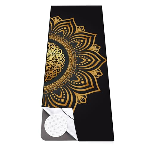 Colorful Star Large Yoga Towel with Corner Pockets, Non Slip Grip Dots Sweat Absorbent Hot Yoga Mat Towels, Yoga Blankets with Travel Bag, Mat Cover for Workout, Gym, Fitness - 74"x26", Gold Mandala - color: Gold Mandala, size: 74" x 26"