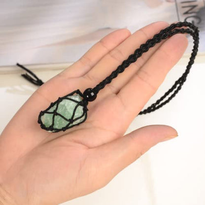 Natural unprocessed crystal raw stone hand woven rope adjustable necklace pendant for both men and women - color: Green Fluorite