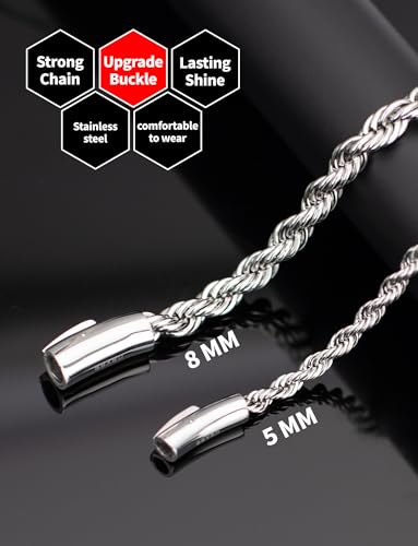 Twist Chain Necklace 2/3/5/8MM Braided Rope Chain Necklace for Men Stainless Steel Rope Jewelry for Men & Women Rope Chain for Pendant 18/20/22/24 Inch with Delicate Gift Box - size: 20 inches, style: 5mm width-steel