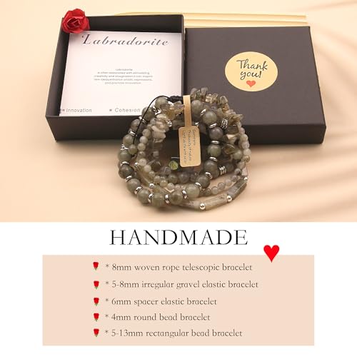 5Pcs Healing Crystal Bracelet for Women Men, Handmade Adjustable Gemstone Bracelets Beaded Reiki Energ Bracelet Set Jewelry Gifts for Women Men - color: Labradorite