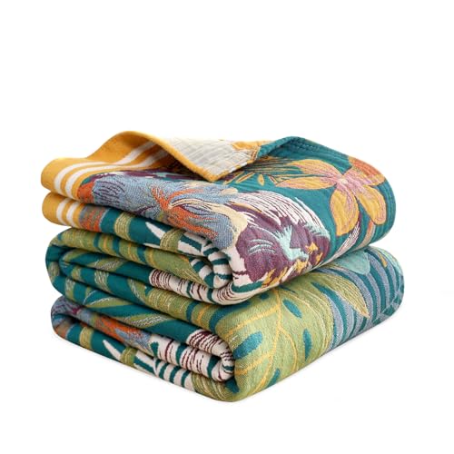 MSGKV Boho Throw Blanket for Couch and Sofa Cotton Blankets for Living Room Bedroom Reversable Florals Throw 60"x80" Summer Breathable Cozy Blankets - color: Leaves Flowers 2, size: 60"x80"