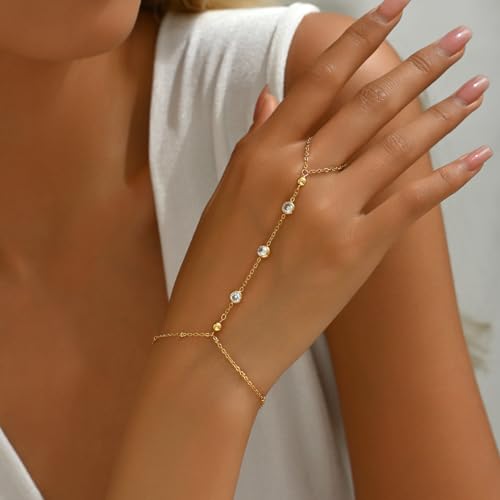 18K Gold Plated Hand Chain Bracelets for Women, Dainty Cubic Zirconia, Heart, Beads, Bamboo Link Charm Bracelet, Trendy Adjustable Finger Ring Bracelet, Hand Chain Jewelry, Christmas Gifts - style: Bead CZ Hand Chain