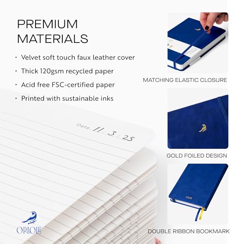Oriole Vegan Leather Ruled Notebook - Deep Blue | 176 Pages of Thick Lined Paper | Soft Touch Hardcover Journal (5 x 8 in) with Gold Foil Bird Design & Luxury Gift Box - color: Deep Blue