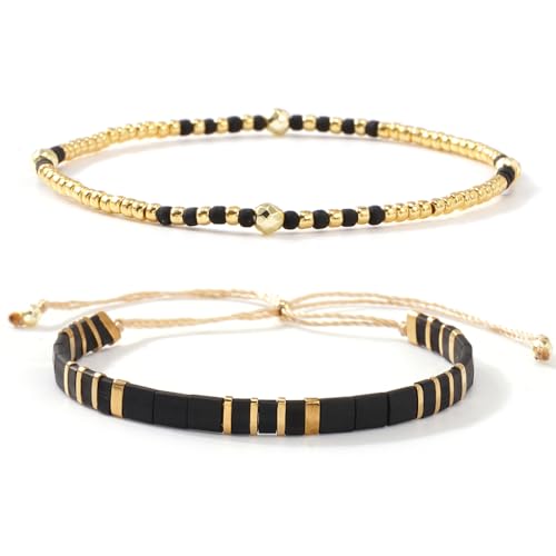 Tila Flat Beaded Stretch Bracelets for Women Stackable Gold Colorful Seed Beads Boho Bracelet Stack Adjustable Rope String Friendship Jewelry Trendy Holiday Gift - color: gold and black