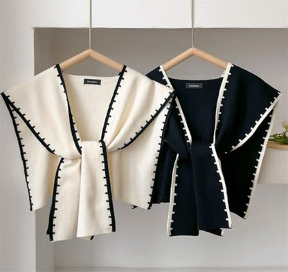 Halemet Knitted Shawl Wraps for Women Chic Sweater Cardigan Cashmere Scarf Knotted Shoulder Top Cover Cape Poncho Travel Wrap - color: Black