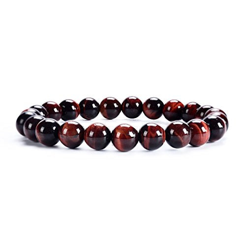 Cherry Tree Collection Gemstone Beaded Stretch Bracelet 8mm Round Beads 7" - color: Red Tiger's Eye