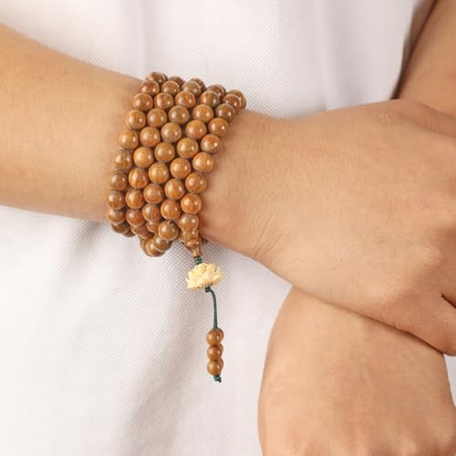 Natural Green Sandalwood 108 Mala Bead Necklace Buddhist Prayer Beads for Meditation or Yoga - style: Handcarved Lotus