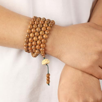Natural Green Sandalwood 108 Mala Bead Necklace Buddhist Prayer Beads for Meditation or Yoga - style: Handcarved Lotus
